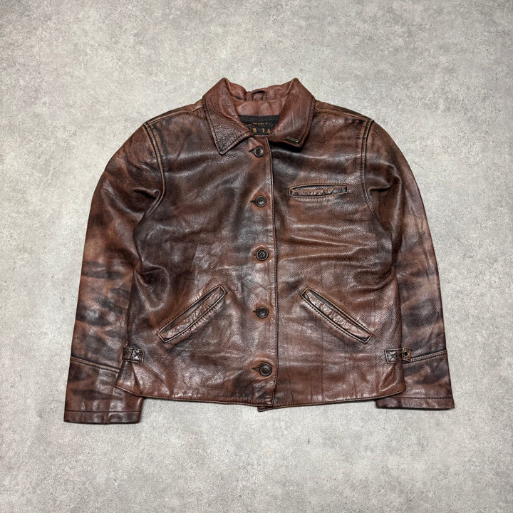 Vintage Faded Brown Leather Button Up Jacket (Women's XL)