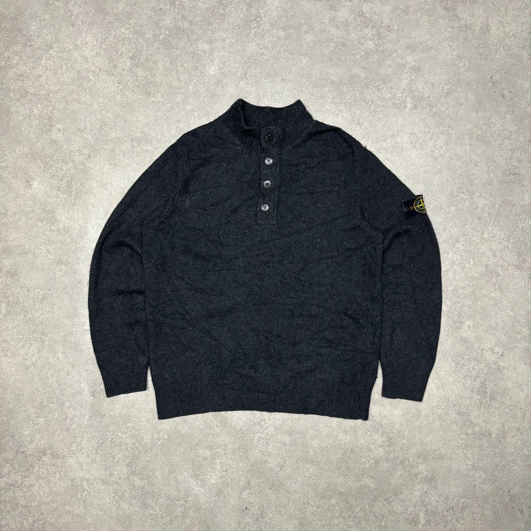 Stone Island Dark Grey Wool Quarter Button Up Knitted Jumper (XXL)