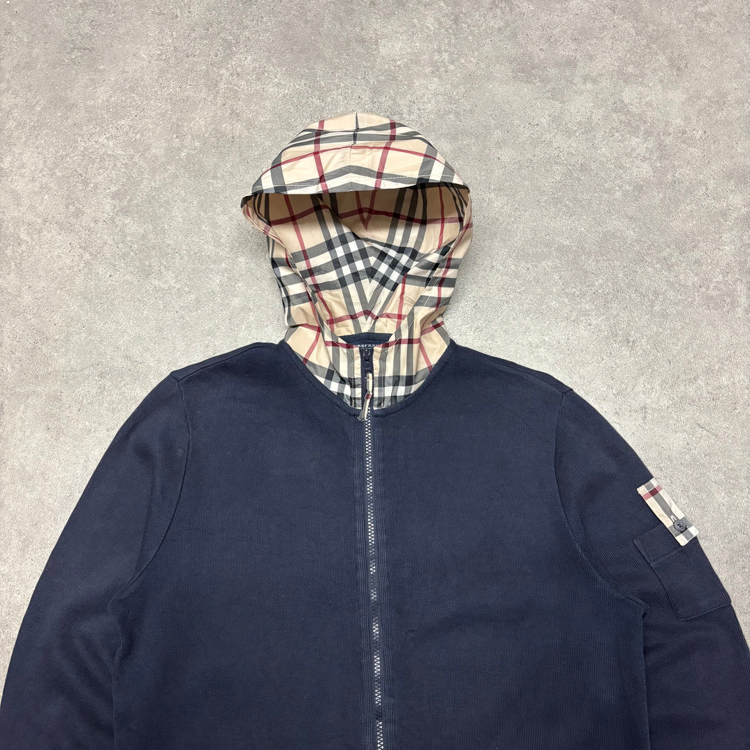 Vintage Burberry Navy Checkered Hooded Full Zip Knit (M)