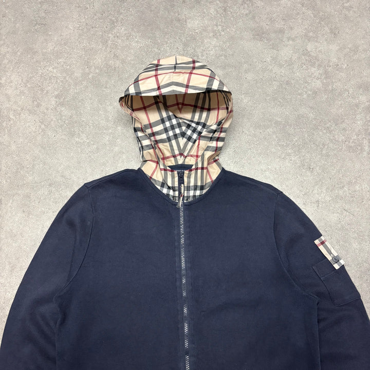 Vintage Burberry Navy Checkered Hooded Full Zip Knit (M)