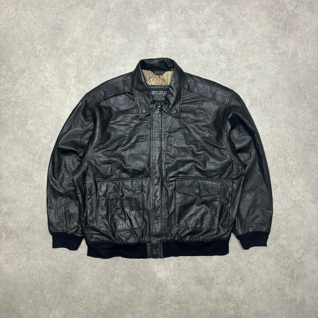 Vintage Black Leather Bomber Jacket (XL)