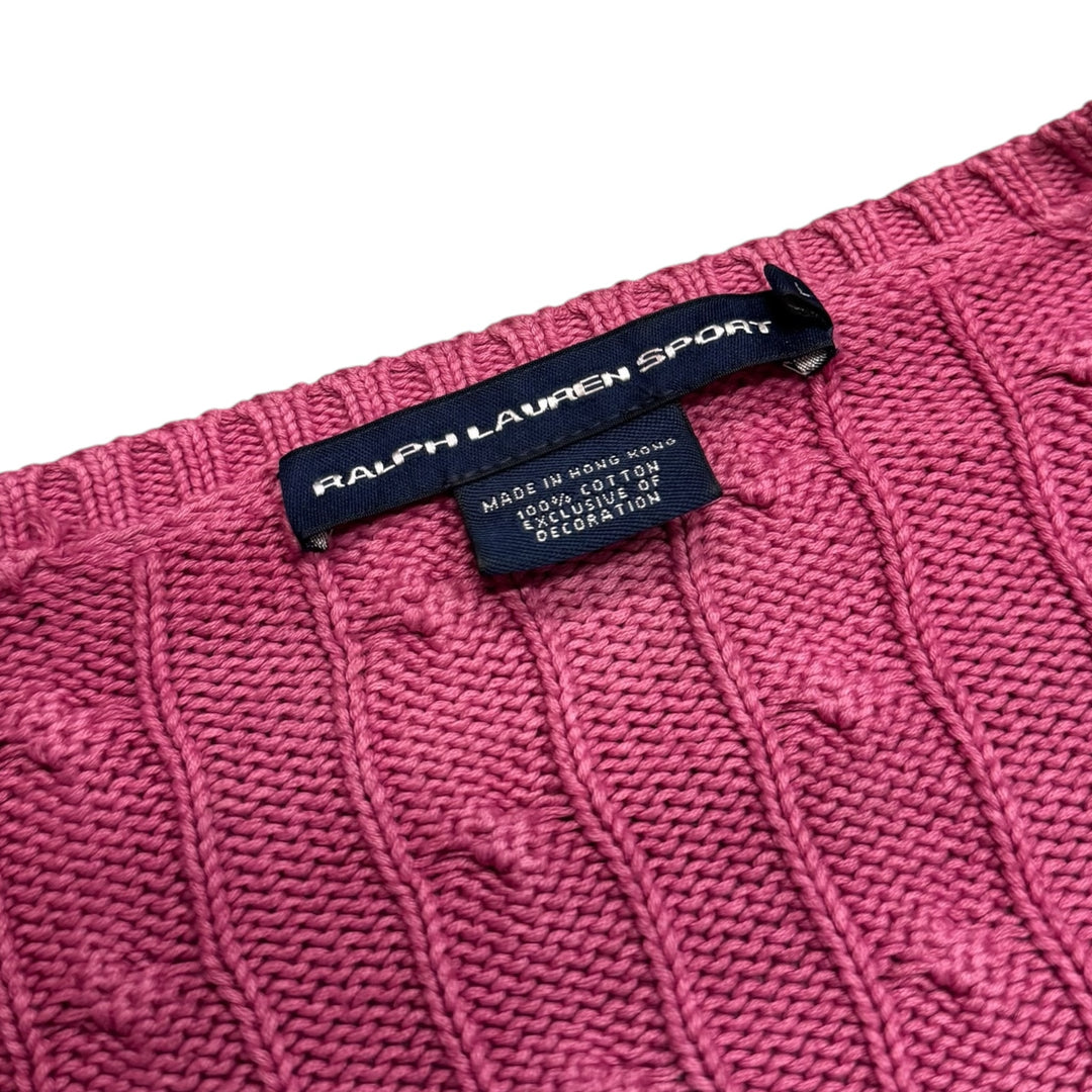 Vintage Polo Ralph Lauren Pink V Neck Cable Knitted Jumper (L)