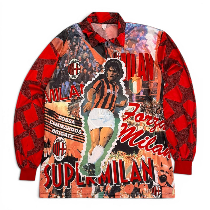 Vintage AC Milan Long Sleeve Maldini Shirt Red (XL)