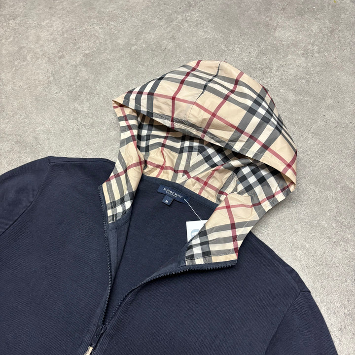 Vintage Burberry Navy Checkered Hooded Full Zip Knit (M)
