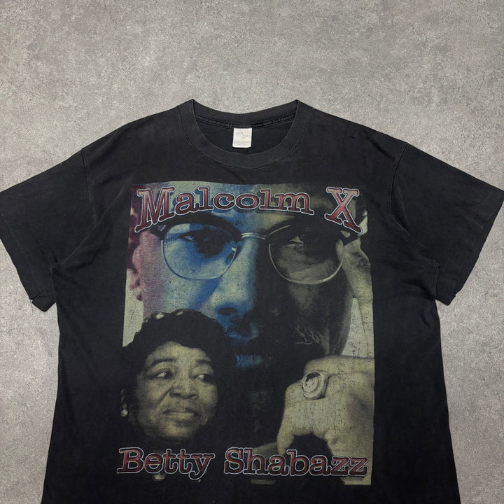 Rare Vintage Malcolm X & Betty Shabazz Washed Black Graphic T-Shirt (L)