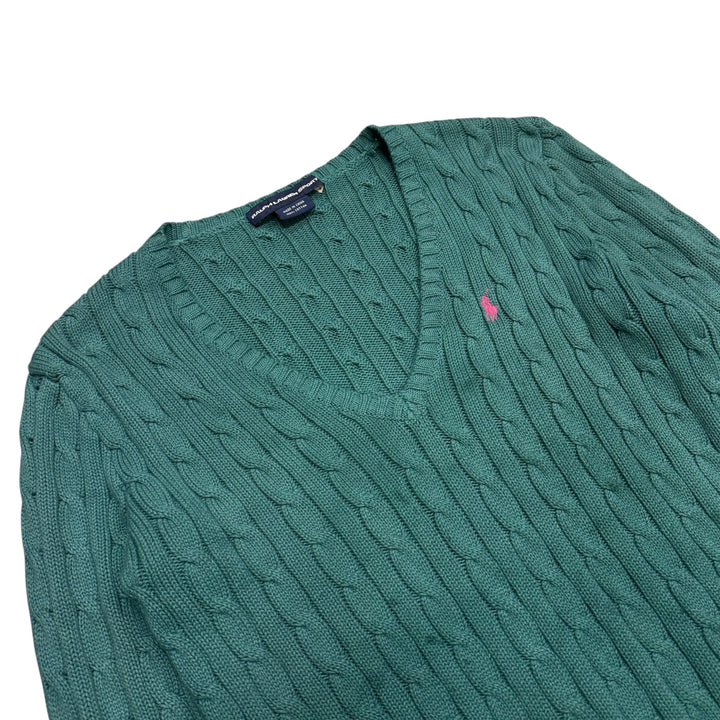 Vintage Polo Ralph Lauren Cable Knitted V Neck Green Sweater (M)