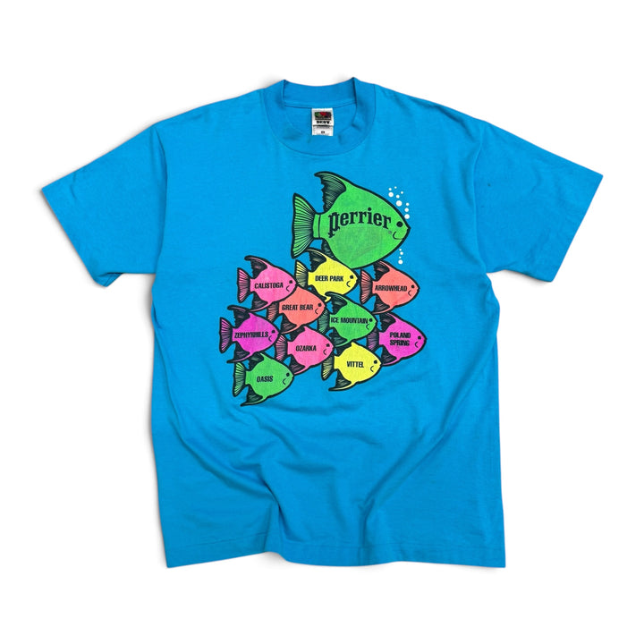 Vintage Perrier Blue Fish Graphic T-Shirt (L)