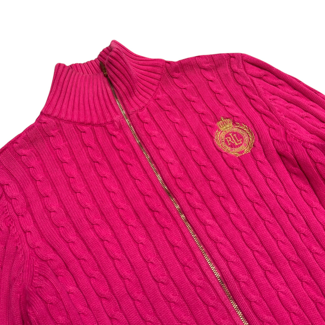 Vintage Polo Ralph Lauren Pink Cable Knit Full Zip Knitted Jumper (M)