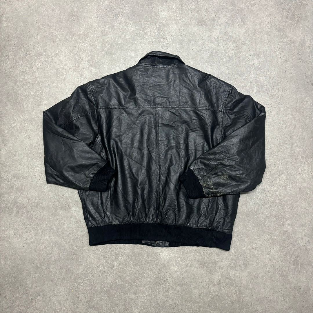 Vintage Black Leather Bomber Jacket (XL)