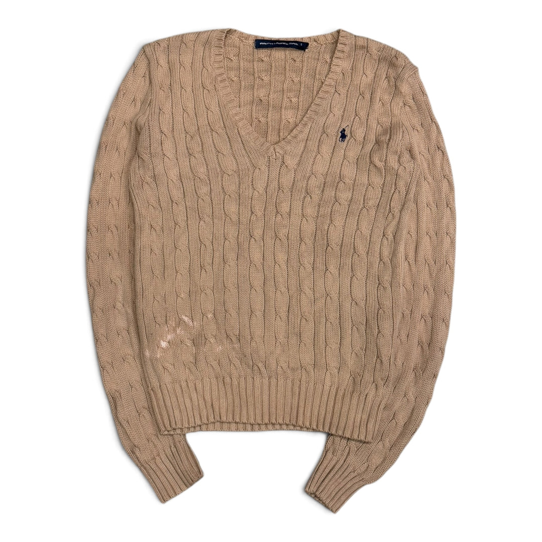 Vintage Polo Ralph Lauren V Neck Cable Knit Jumper Beige (S)
