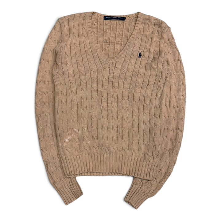 Vintage Polo Ralph Lauren V Neck Cable Knit Jumper Beige (S)