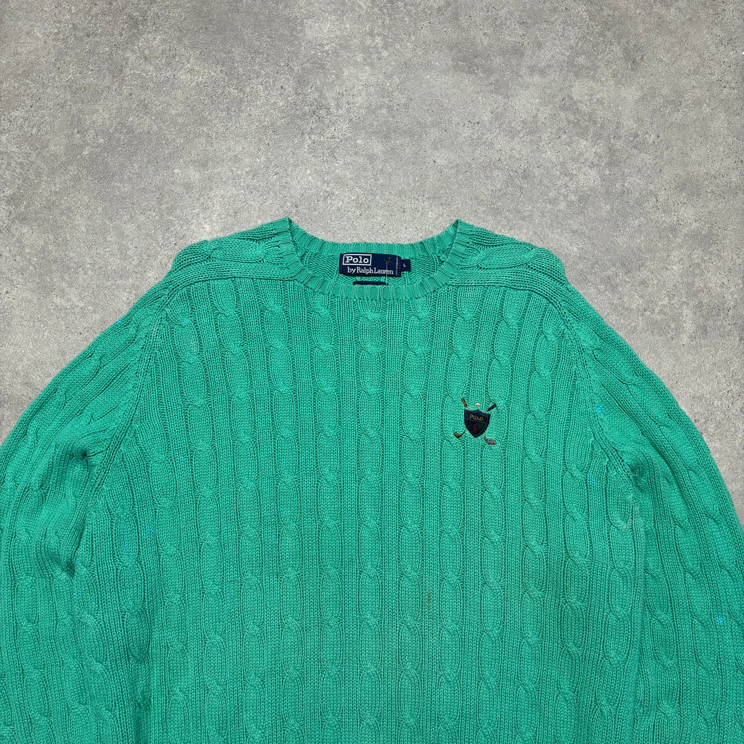 Vintage Polo Golf Ralph Lauren Green Heavyweight Cable Knit Jumper (L)