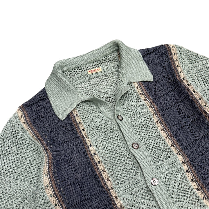 Kapital 12G Crochet Knit Tennessee Aloha Polo Shirt Blue (S)