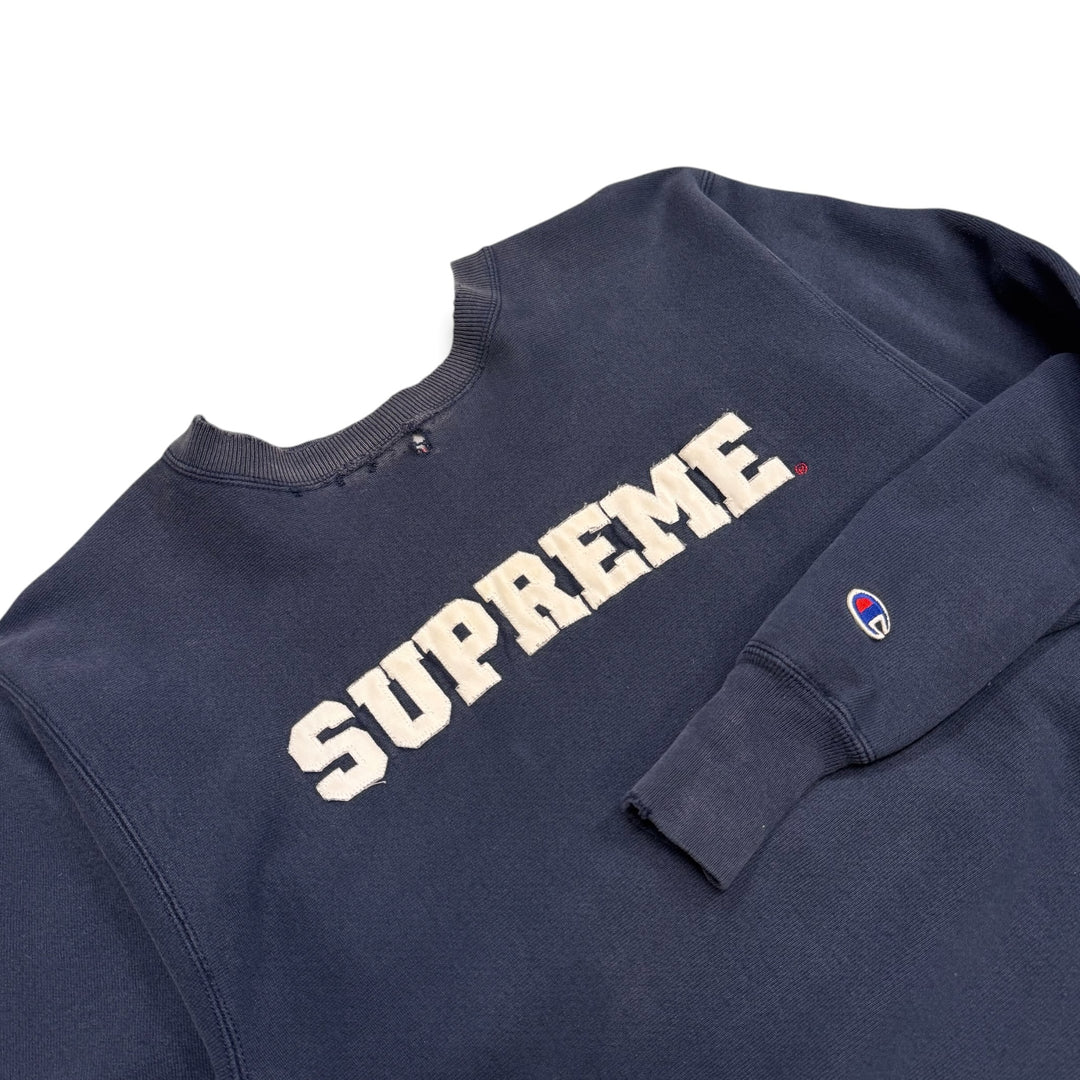 1998 Supreme x Champion Reverse Weave Navy Spell Out Sweatshirt (XL)