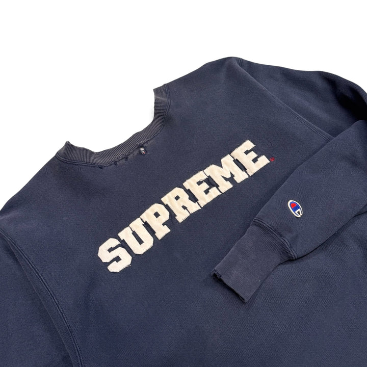 1998 Supreme x Champion Reverse Weave Navy Spell Out Sweatshirt (XL)