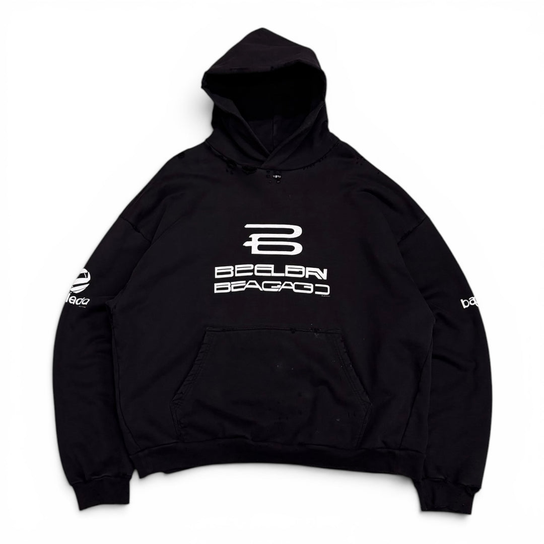 Balenciaga Black Oversized Distressed Pullover Graphic Hoodie (XL)