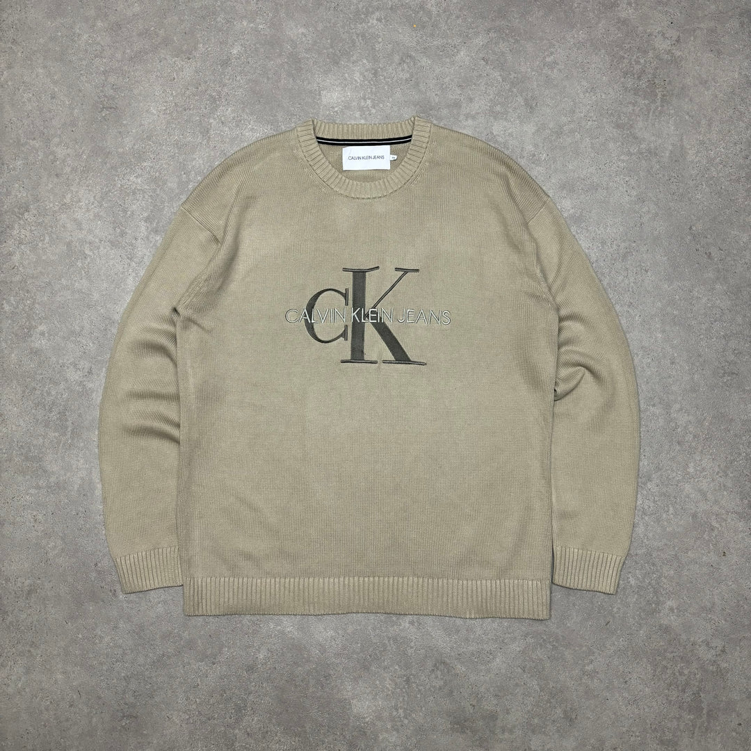 Vintage Calvin Klein Beige Spell Out Knitted Sweatshirt (XXL)