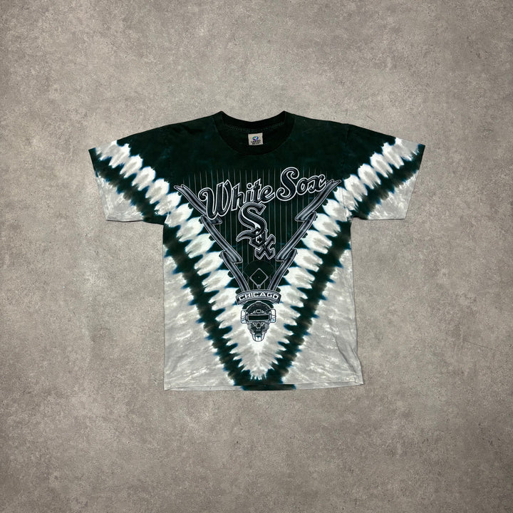 90's Vintage Liquid Blue Green White Sox Tie Dye Graphic T-Shirt (L)