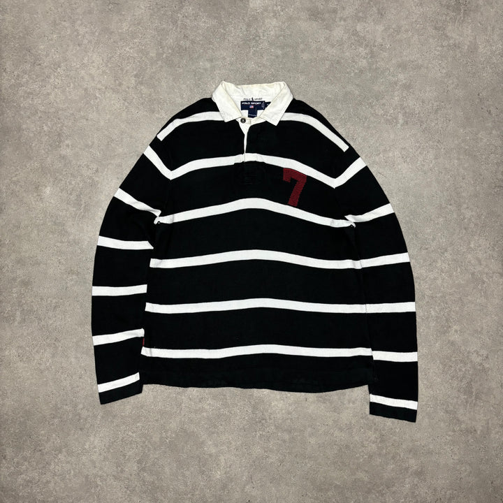 Vintage Polo Sport Ralph Lauren Knitted Black & White Rugby Shirt (XL)