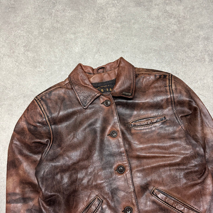 Vintage Faded Brown Leather Button Up Jacket (Women's XL)