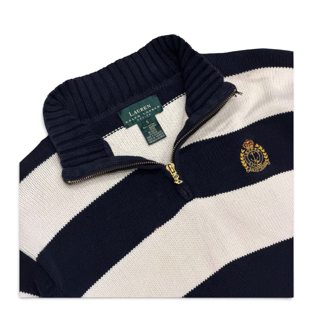 Vintage Polo Ralph Lauren Striped Quarter Zip Jumper White and Navy (S)