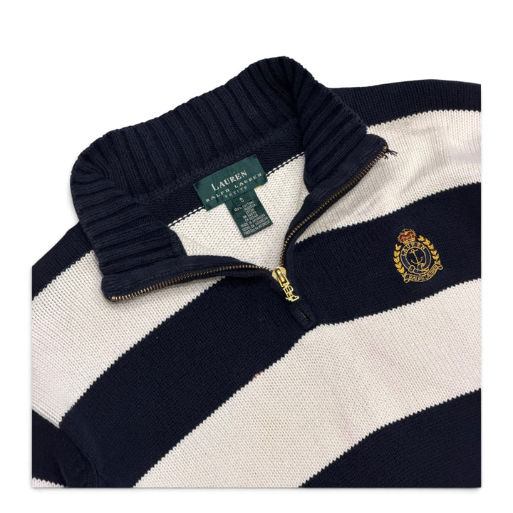 Vintage Polo Ralph Lauren Striped Quarter Zip Jumper White and Navy (S)