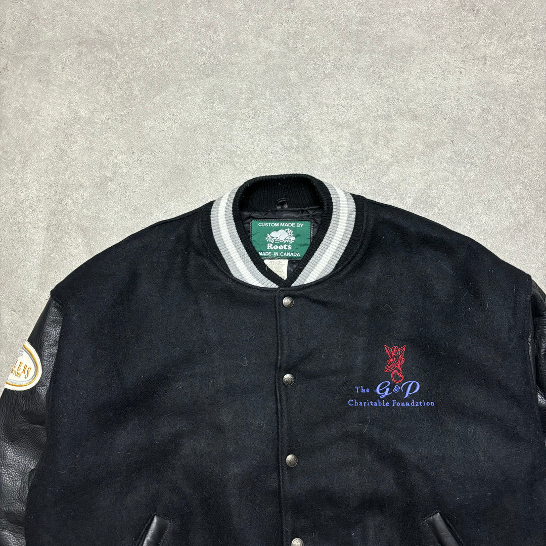 80's Vintage Roots Black Varsity Leather Jacket (XL)