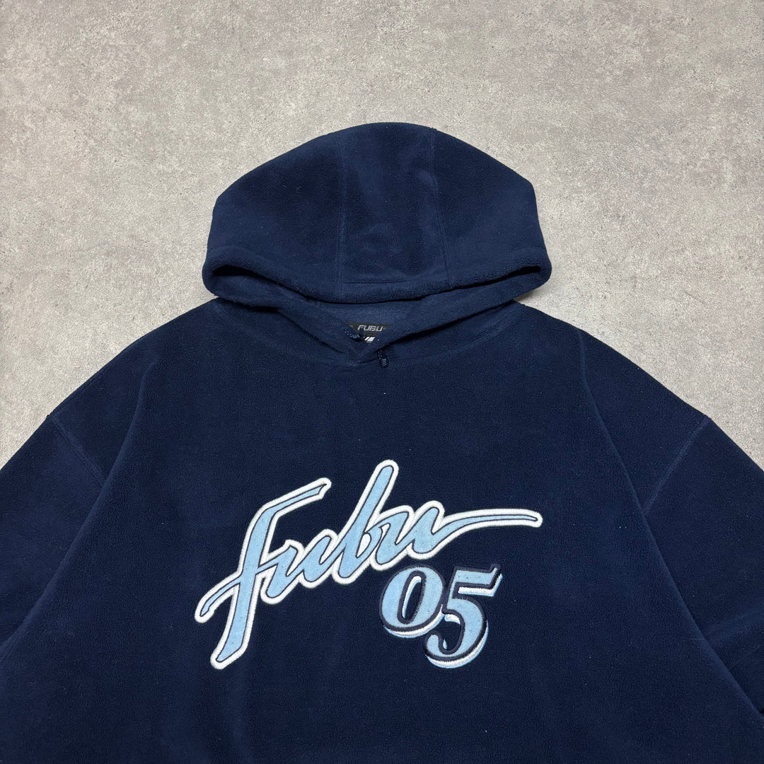 Vintage Fubu Navy Fleece Spell Out Pullover Hoodie (XXL)