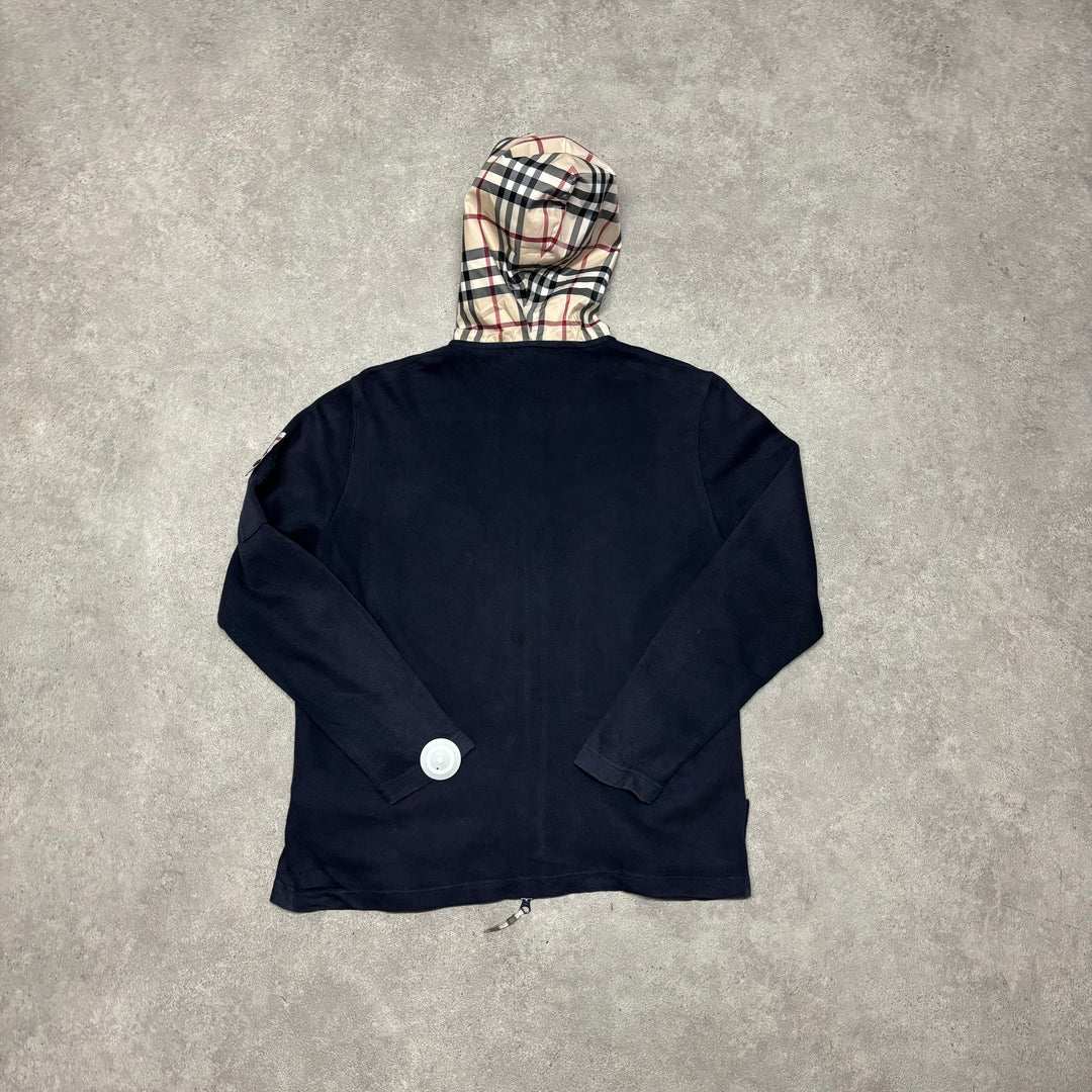 Vintage Burberry Navy Checkered Hooded Full Zip Knit (M)