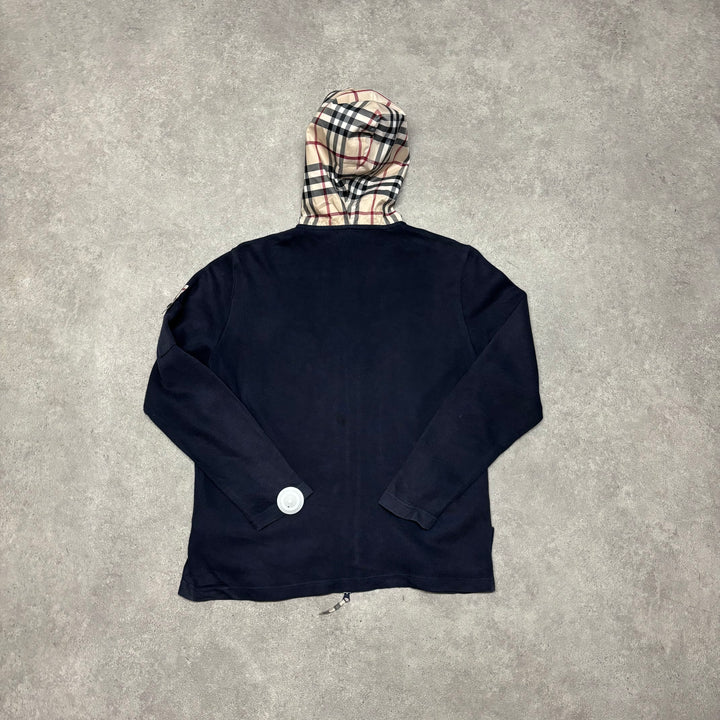 Vintage Burberry Navy Checkered Hooded Full Zip Knit (M)