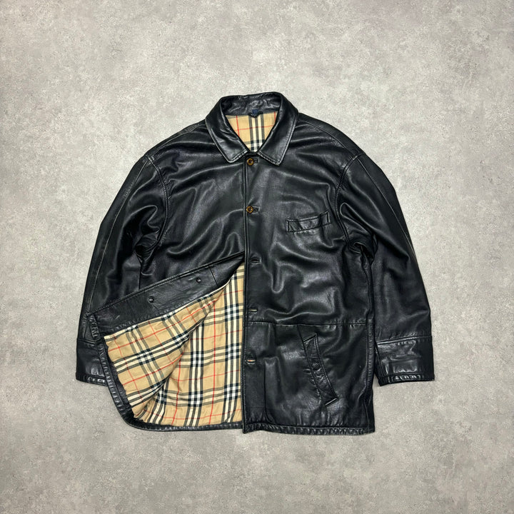 Vintage Burberry Black Leather Overcoat (L)