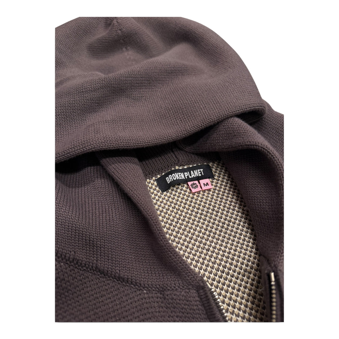 Broken Planet Brown Heavy Knitted Spell Out Zip Up Hoodie (L)