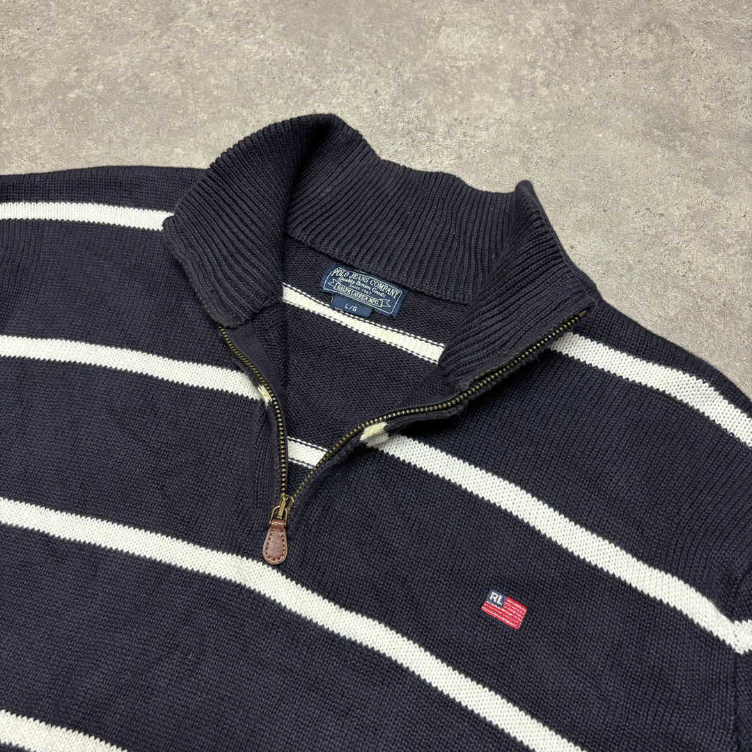 Vintage Polo Jeans Navy Stripy Knitted Quarter Zip (L)