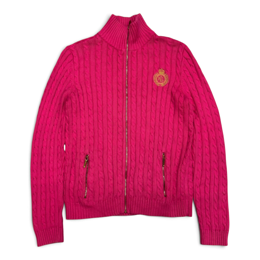 Vintage Polo Ralph Lauren Pink Cable Knit Full Zip Knitted Jumper (M)