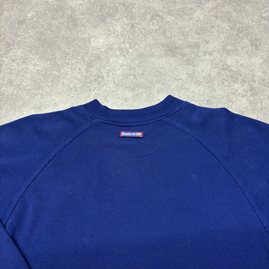 90's Vintage Reebok Blue Spell Out Sweatshirt (S)
