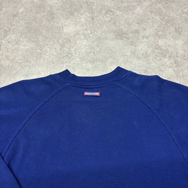 90's Vintage Reebok Blue Spell Out Sweatshirt (S)