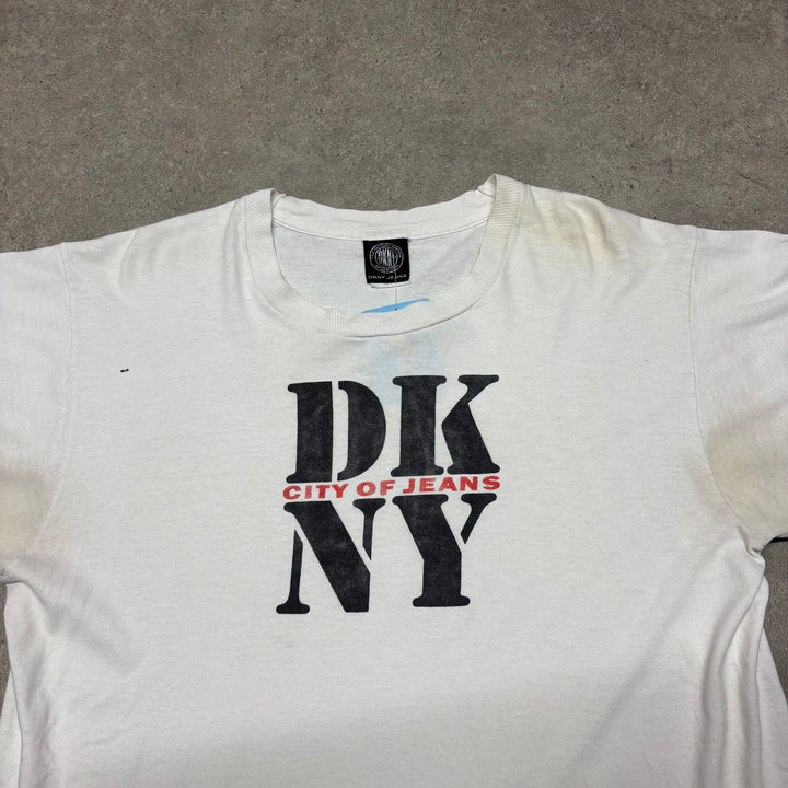 90's Vintage DKNY White Graphic T-Shirt (L)