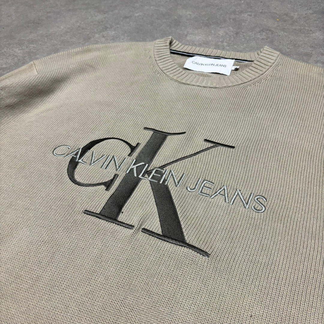 Vintage Calvin Klein Beige Spell Out Knitted Sweatshirt (XXL)