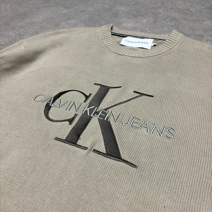 Vintage Calvin Klein Beige Spell Out Knitted Sweatshirt (XXL)