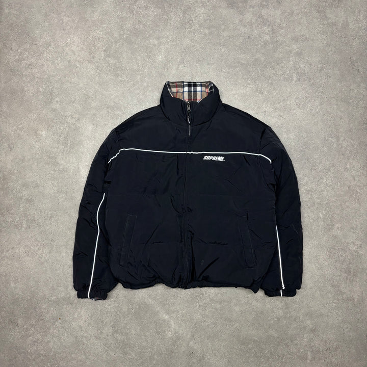 Supreme Black & Checkered Fleece Lined Reversible Puffer Jacket (M)