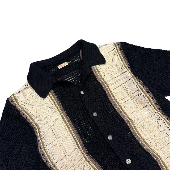 Kapital 12G Crochet Knit Tennessee Aloha Polo Shirt Black (S)