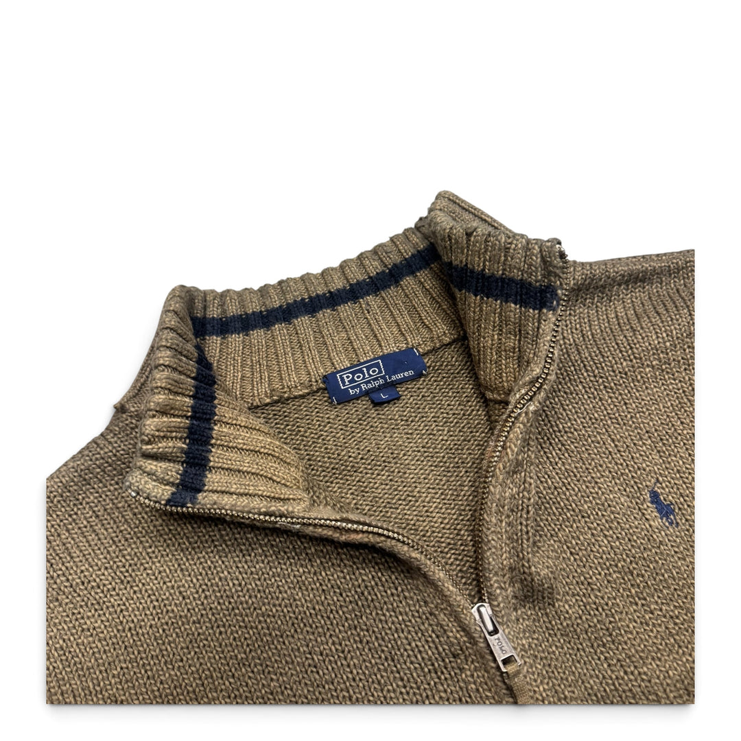 Vintage Polo Ralph Lauren Khaki Full Zip Knitted Jumper (S)