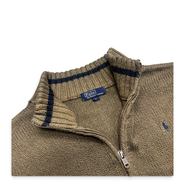 Vintage Polo Ralph Lauren Khaki Full Zip Knitted Jumper (S)