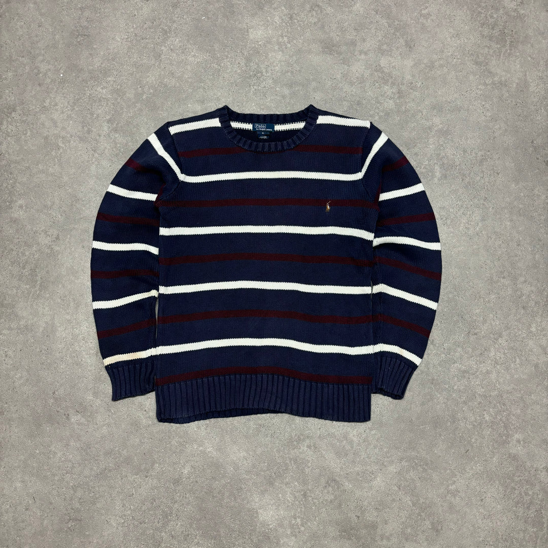 Vintage Polo Ralph Lauren Navy Stripy Heavy Knitted Sweater (S)