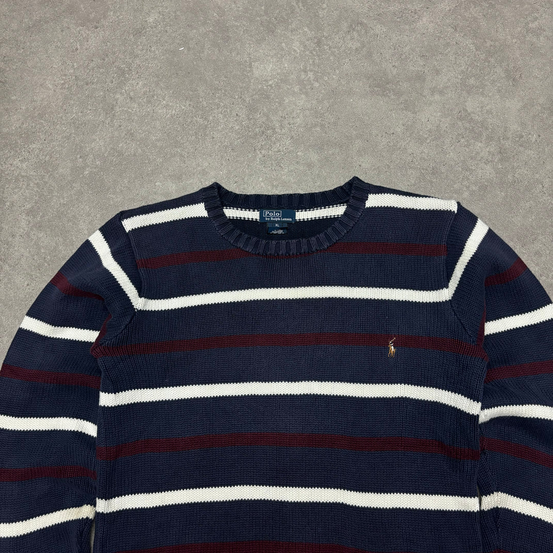 Vintage Polo Ralph Lauren Navy Stripy Heavy Knitted Sweater (S)