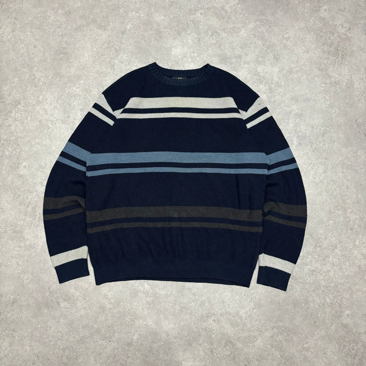 Vintage Paul & Shark Navy & Grey Stripy Heavy Knitted Sweater (L)