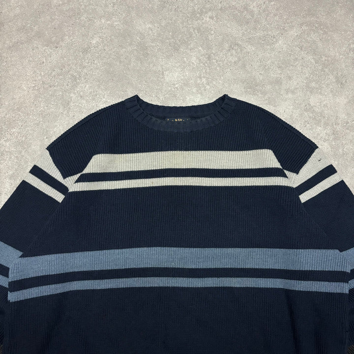 Vintage Paul & Shark Navy & Grey Stripy Heavy Knitted Sweater (L)