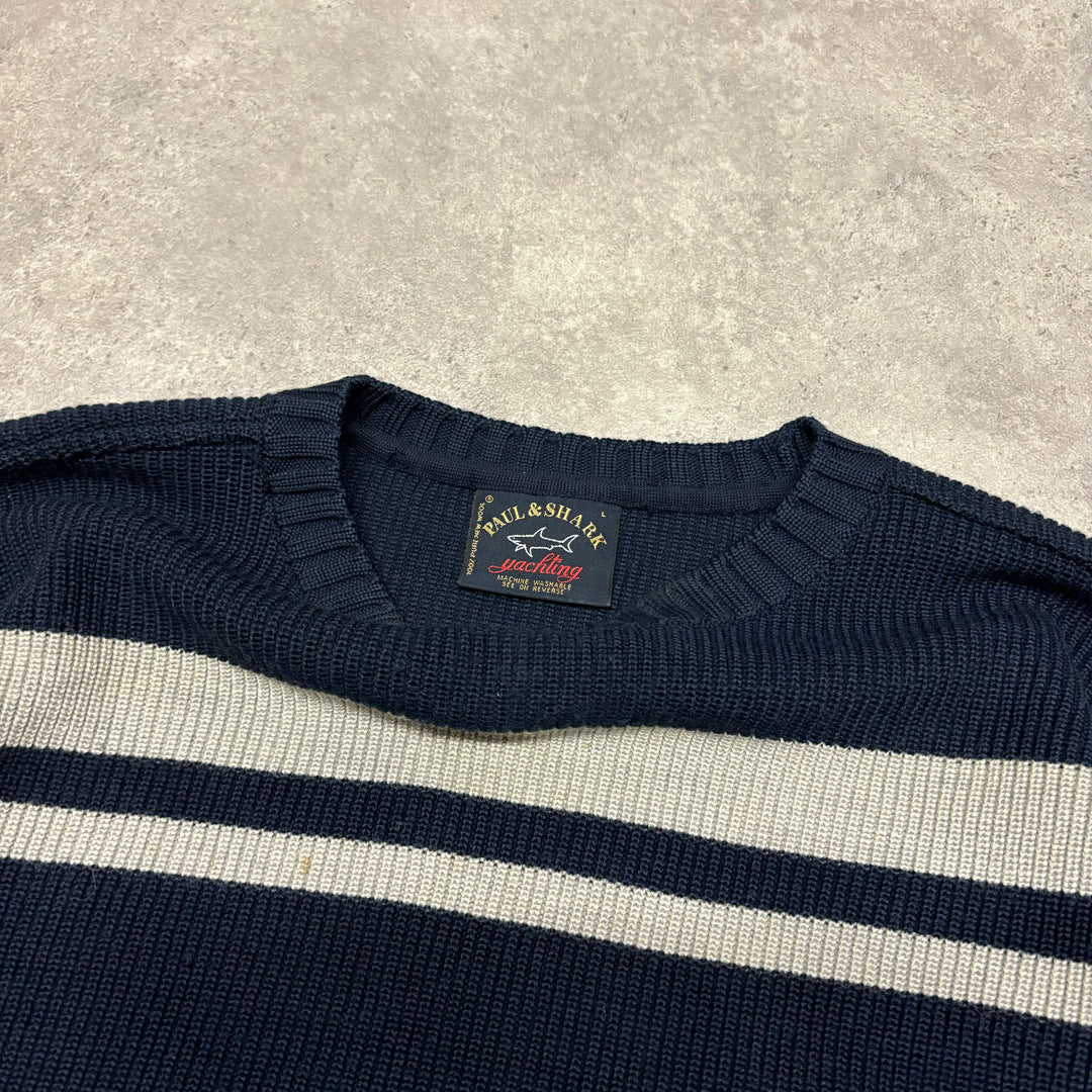 Vintage Paul & Shark Navy & Grey Stripy Heavy Knitted Sweater (L)