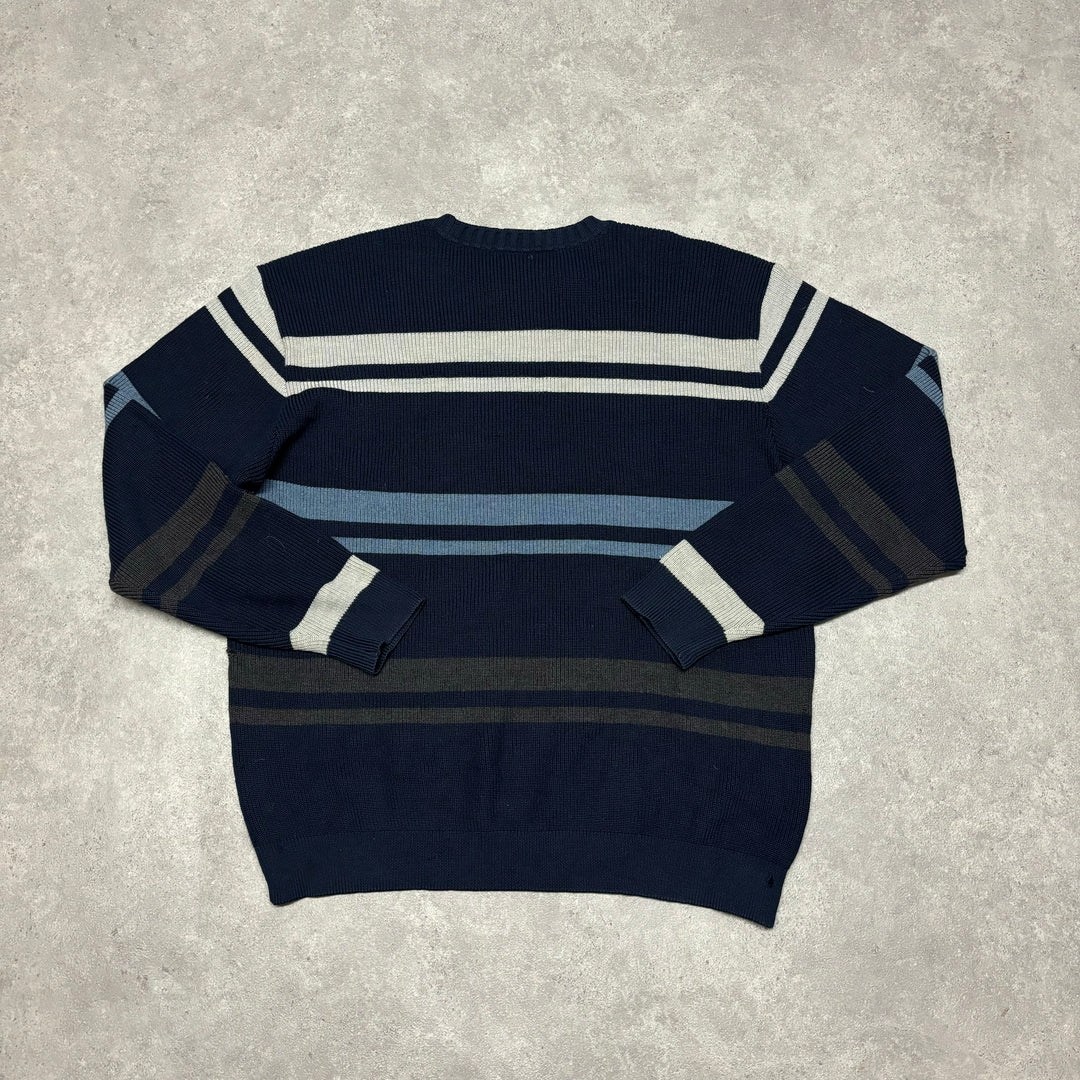 Vintage Paul & Shark Navy & Grey Stripy Heavy Knitted Sweater (L)