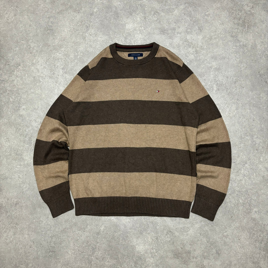 Vintage Tommy Hilfiger Brown Stripy Knitted Jumper (XL)